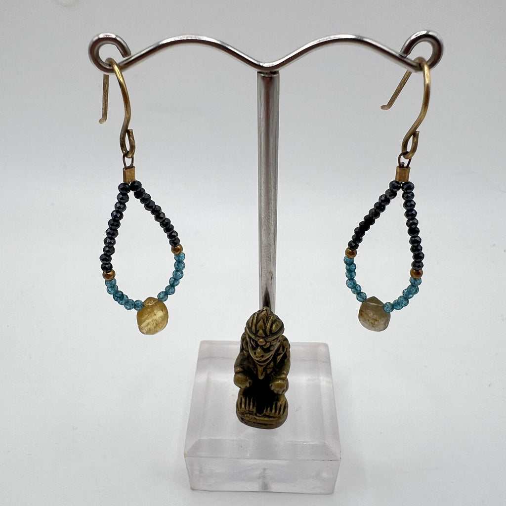 Pendientes Gota Turmalina Amarilla, Topacio Azul y Espinela Negra
